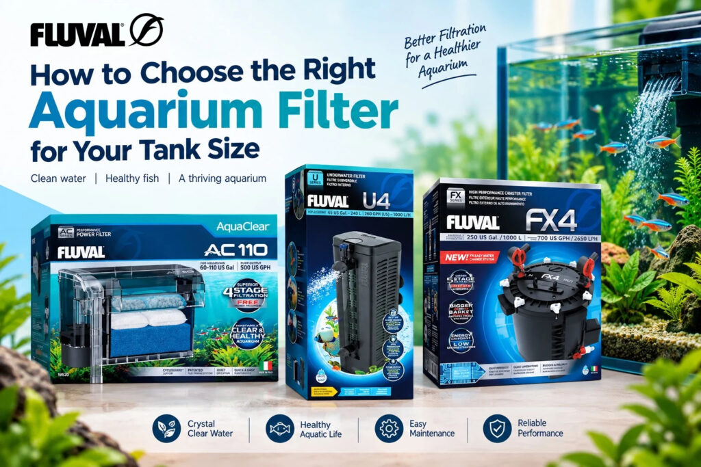 Aquarium filter buying guide featuring Fluval AquaClear AC110, Fluval U4 and FX4 filters for different fish tank sizes