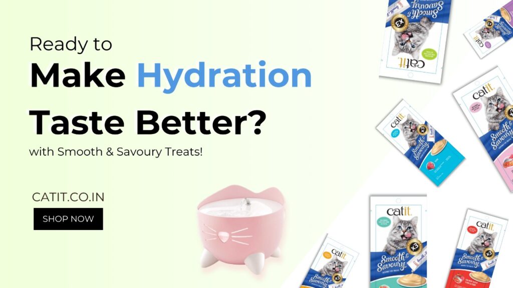 Catit Smooth & Savoury cat treats with pink cat water fountain and shop now prompt.