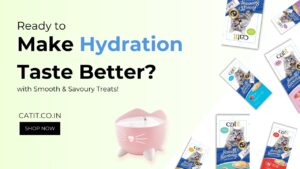 Catit Smooth & Savoury cat treats with pink cat water fountain and shop now prompt.