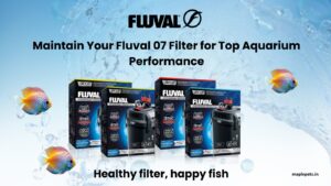 Fluval 07 Series external filter boxes displayed with colorful fish and water background, promoting aquarium filter maintenance.