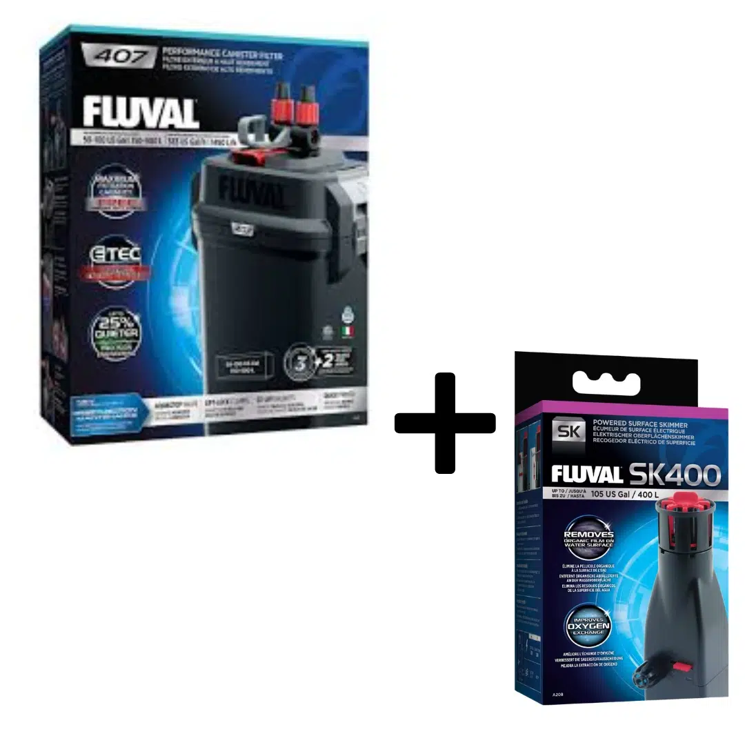 Fluval 407 performance canister filter and SK400 surface skimmer aquarium combo pack