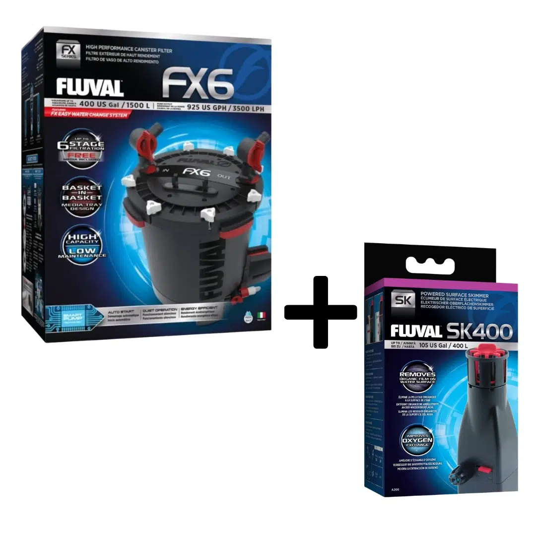 Fluval FX6 apex canister filter and SK400 surface skimmer heavy duty aquarium combo pack