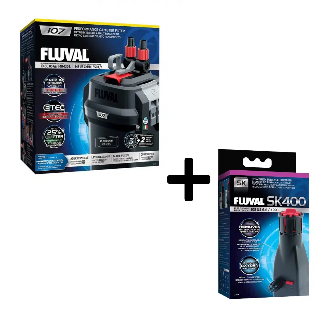 Fluval 107 performance canister filter and SK400 surface skimmer aquarium combo pack