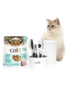 Grooming kit with ocean whitefish treats for cats