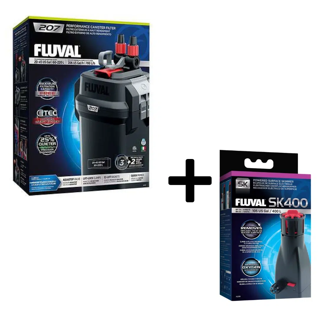 Fluval 207 performance canister filter and SK400 surface skimmer aquarium combo pack