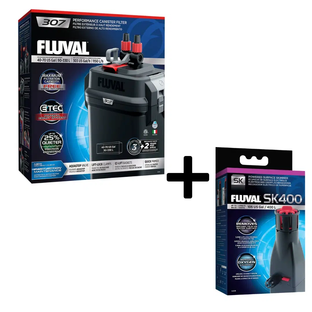 Fluval 307 performance canister filter and SK400 surface skimmer aquarium combo pack