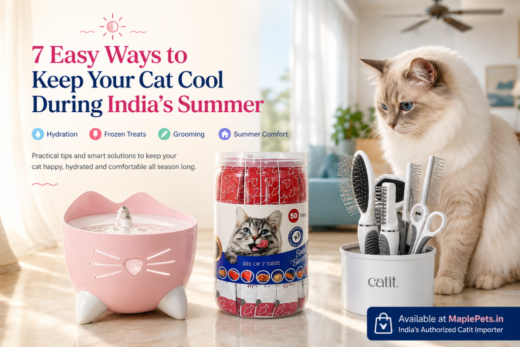 How to keep cats cool in summer using Catit PIXI fountain, Smooth and Savoury treats and grooming kit