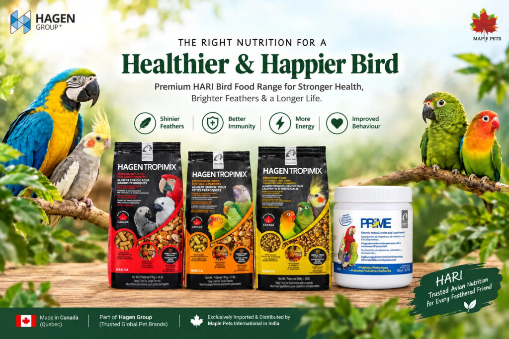 HARI Tropimix bird food for large parrots, small parrots, and cockatiels and lovebirds, alongside HARI Prime vitamin supplement. Premium bird nutrition by Hagen, exclusively imported by Maple Pets International in India.